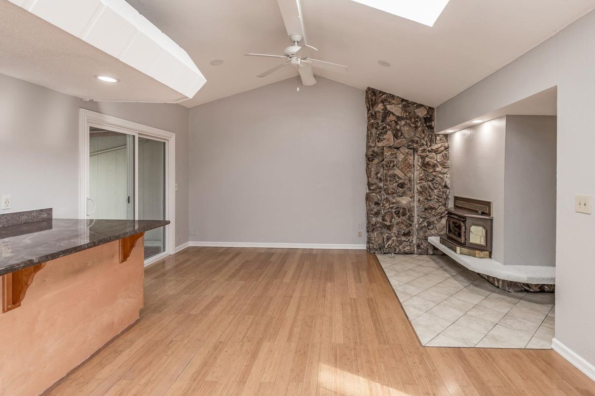 Empty room, Fireplace, Interior, Recessed Lighting, Wood Texture Flooring