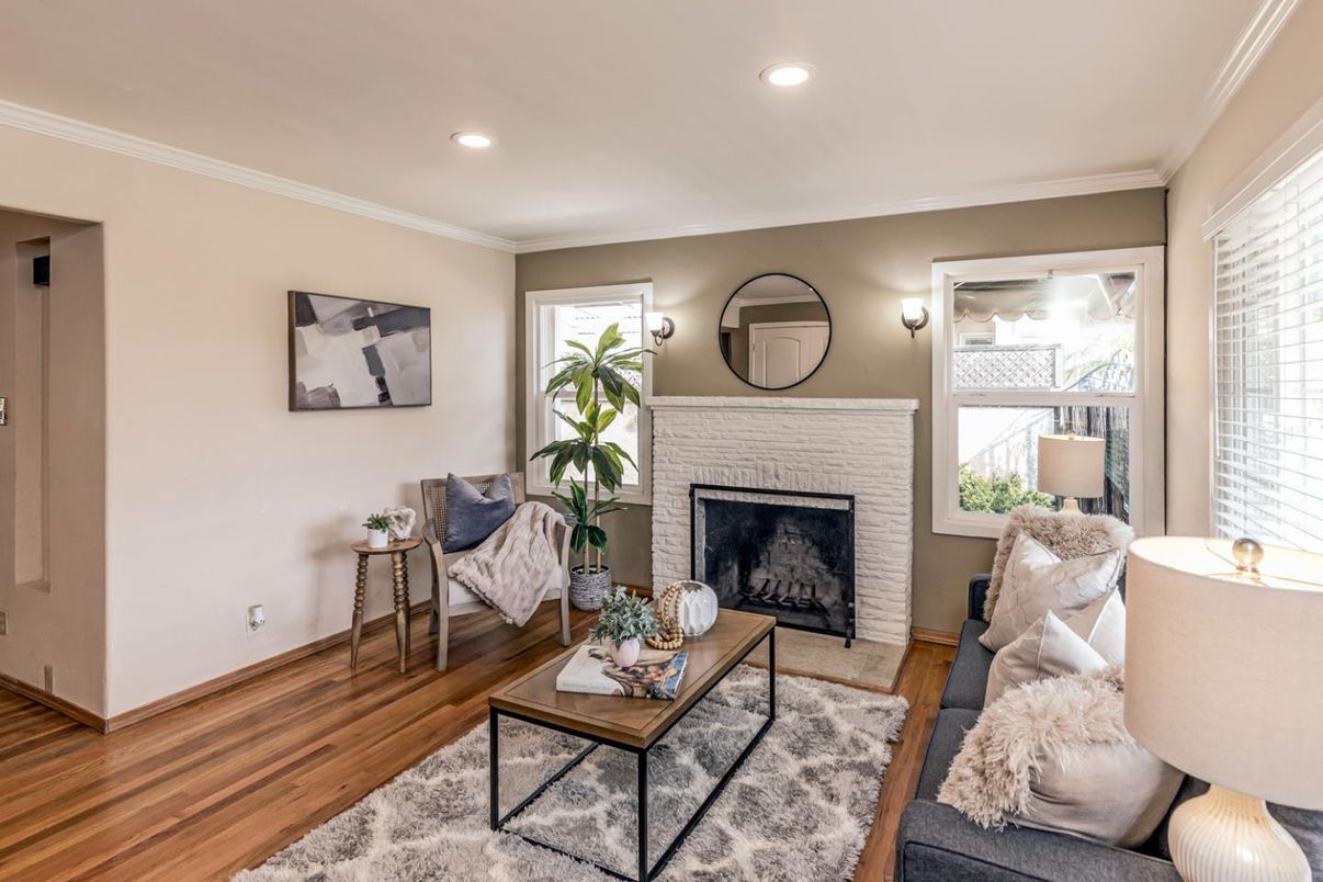 Fireplace, Interior, Living room, Recessed Lighting, Wood Texture Flooring