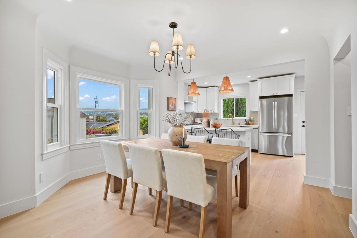 Chandelier, Dining room, Interior, Kitchen, Recessed Lighting, Stainless Steel Appliances, Wood Texture Flooring
