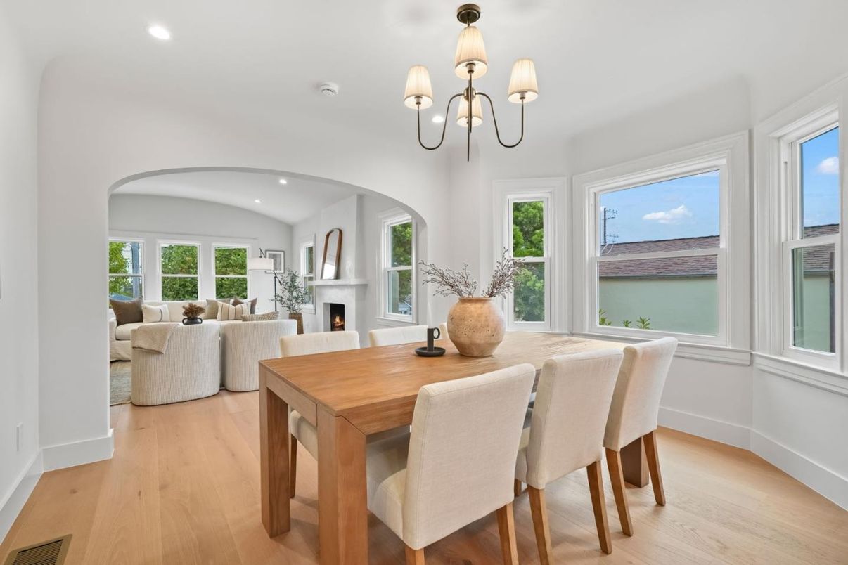 Chandelier, Dining room, Fireplace, Interior, Living room, Recessed Lighting, Wood Texture Flooring