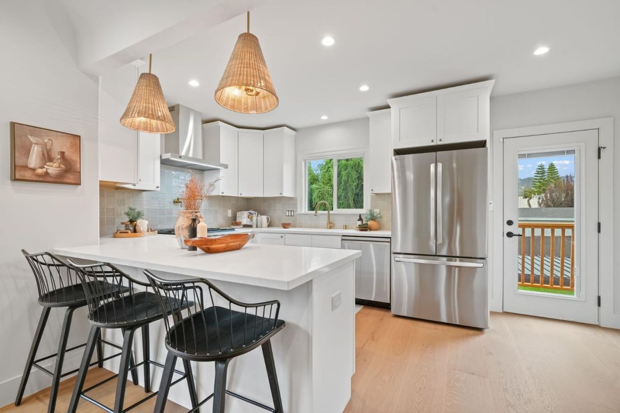 Interior, Kitchen, Pendant Lights, Recessed Lighting, Stainless Steel Appliances, Wood Texture Flooring