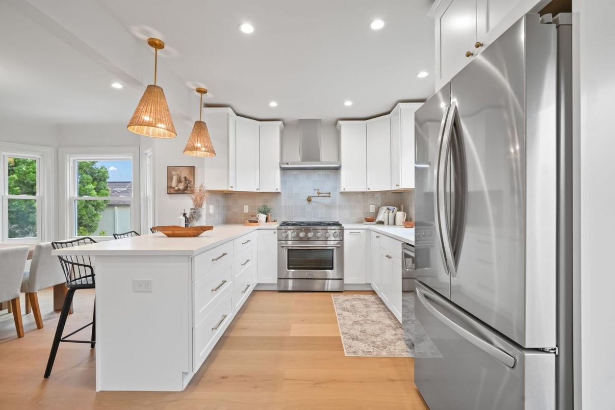 Interior, Kitchen, Pendant Lights, Recessed Lighting, Stainless Steel Appliances, Wood Texture Flooring