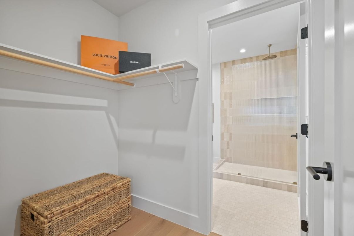 Bathroom, Glass Shower, Interior, Recessed Lighting, Walk-in Closets, Wood Texture Flooring