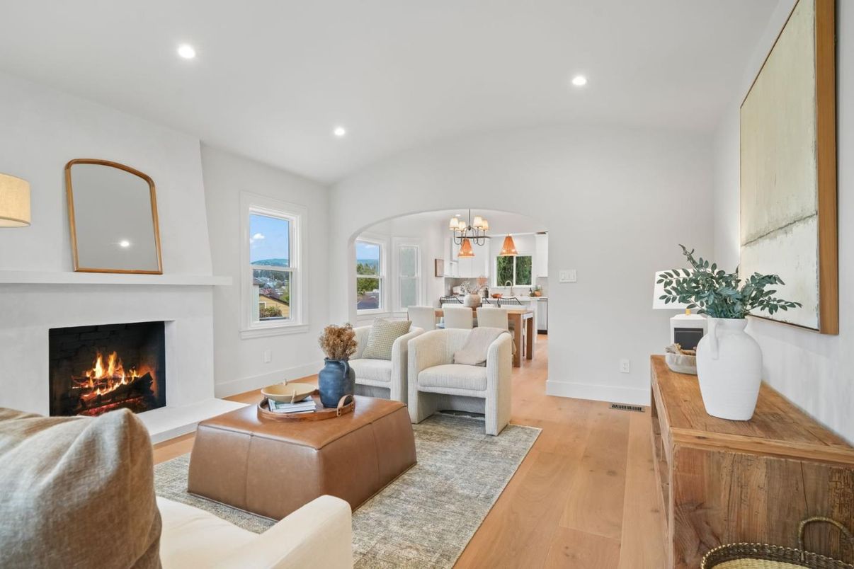 Chandelier, Dining room, Fireplace, Interior, Living room, Recessed Lighting, Wood Texture Flooring