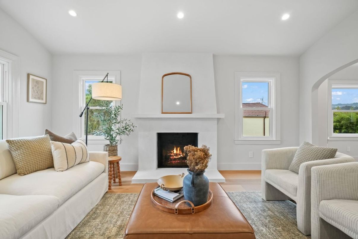 Fireplace, Interior, Living room, Recessed Lighting, Wood Texture Flooring