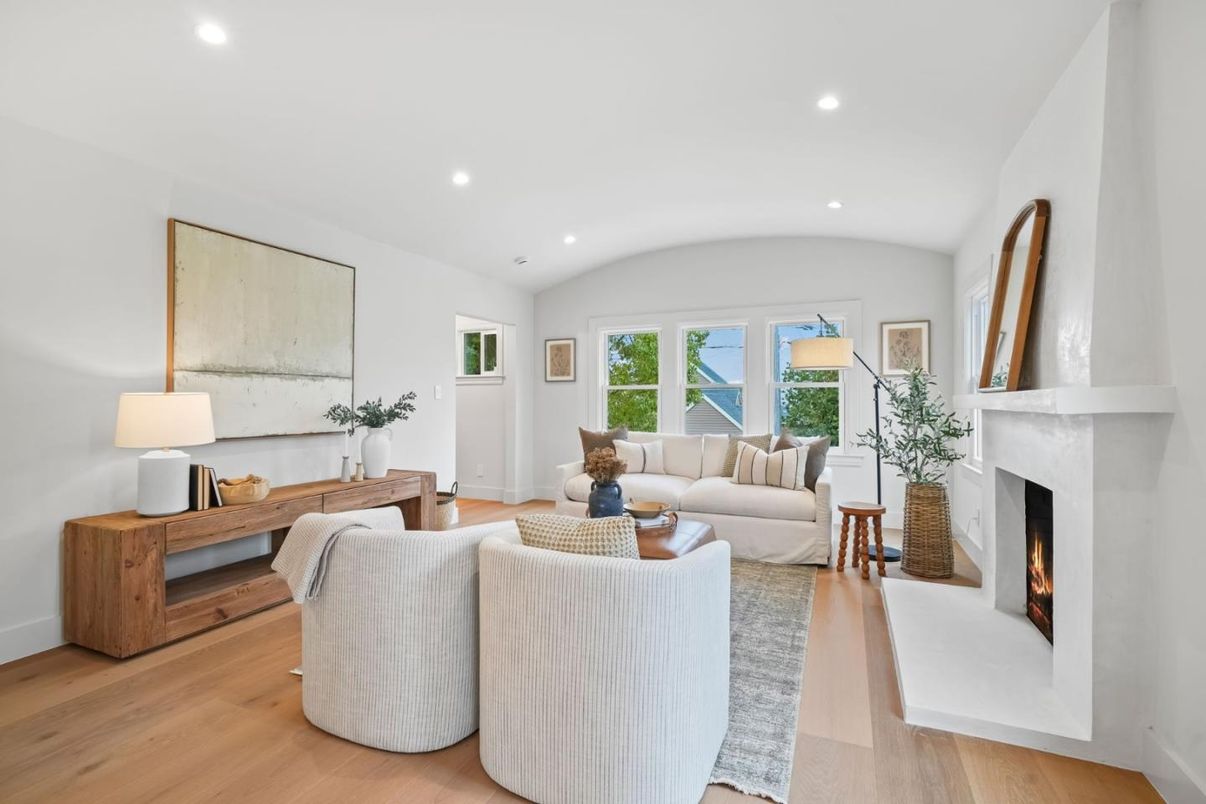 Fireplace, Interior, Living room, Recessed Lighting, Wood Texture Flooring