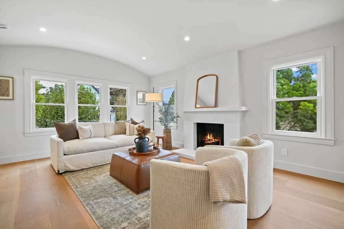 Fireplace, Interior, Living room, Recessed Lighting, Wood Texture Flooring