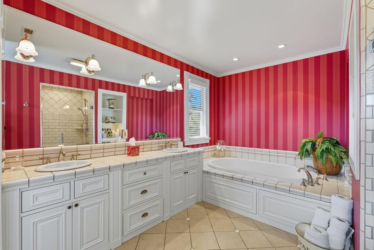 Bathroom, Dual Sink Vanities, Interior, Recessed Lighting, Tile Countertops