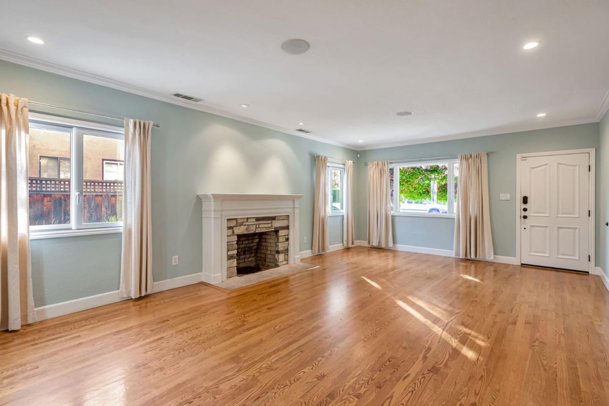 Empty room, Fireplace, Interior, Recessed Lighting, Wood Texture Flooring