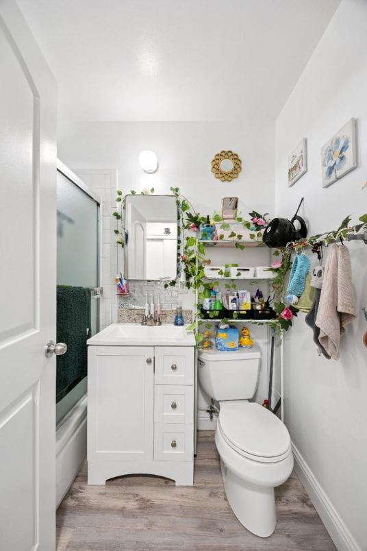 Bathroom, Glass Shower, Interior, Wood Texture Flooring