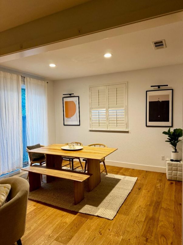 Dining room, Interior, Recessed Lighting, Wood Texture Flooring