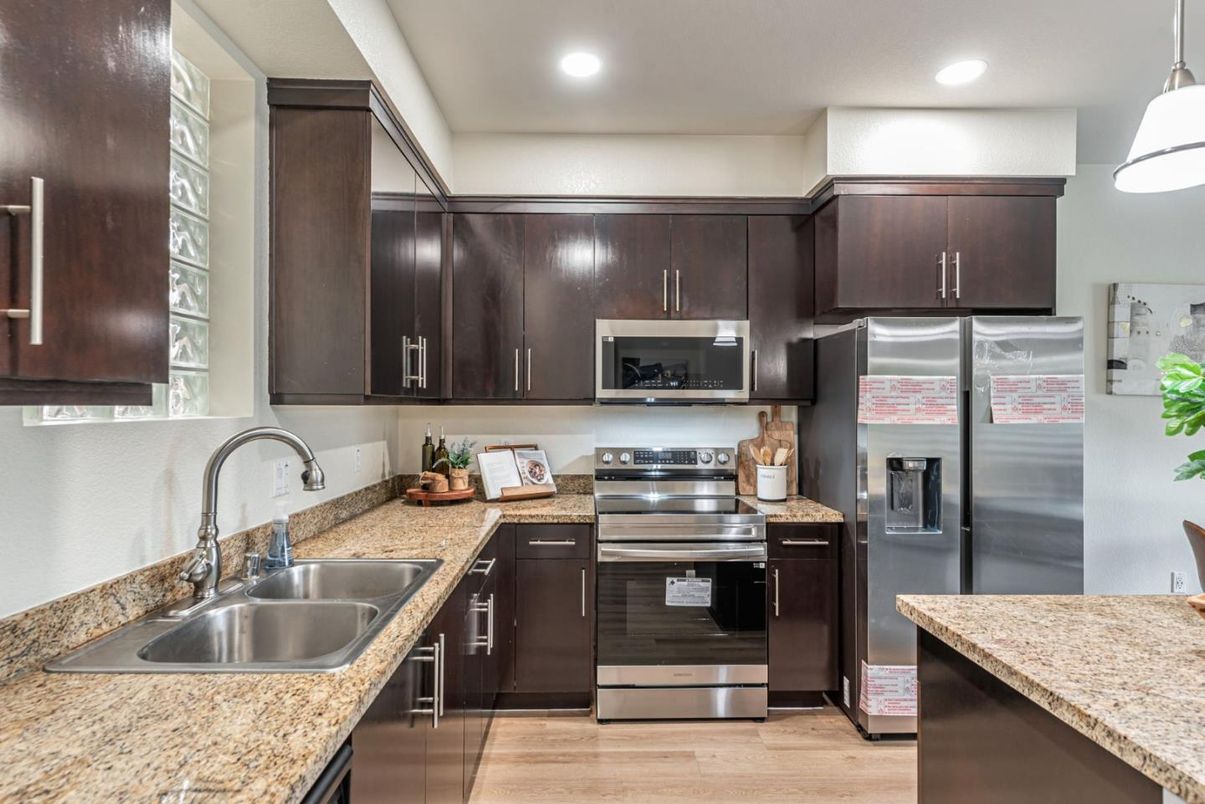 Interior, Kitchen, Pendant Lights, Recessed Lighting, Stainless Steel Appliances, Wood Texture Flooring