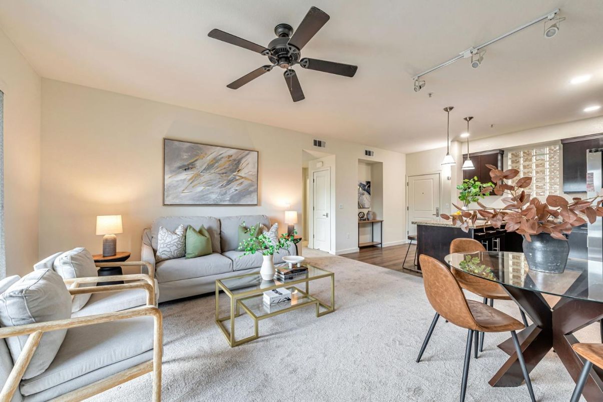 Dining room, Interior, Living room, Pendant Lights, Recessed Lighting, Wood Texture Flooring