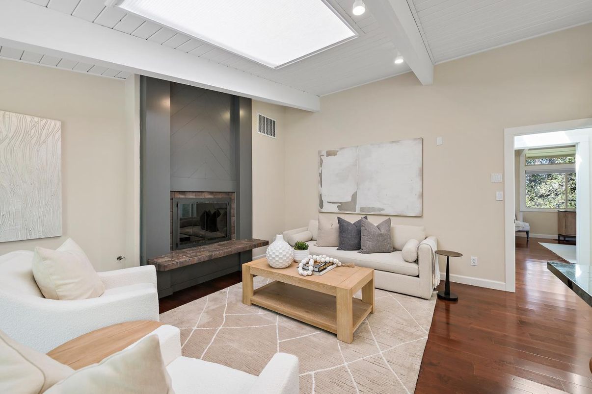 Fireplace, Interior, Living room, Recessed Lighting, Wood Texture Flooring