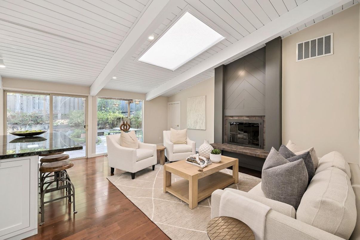 Fireplace, Interior, Living room, Recessed Lighting, Wood Texture Flooring