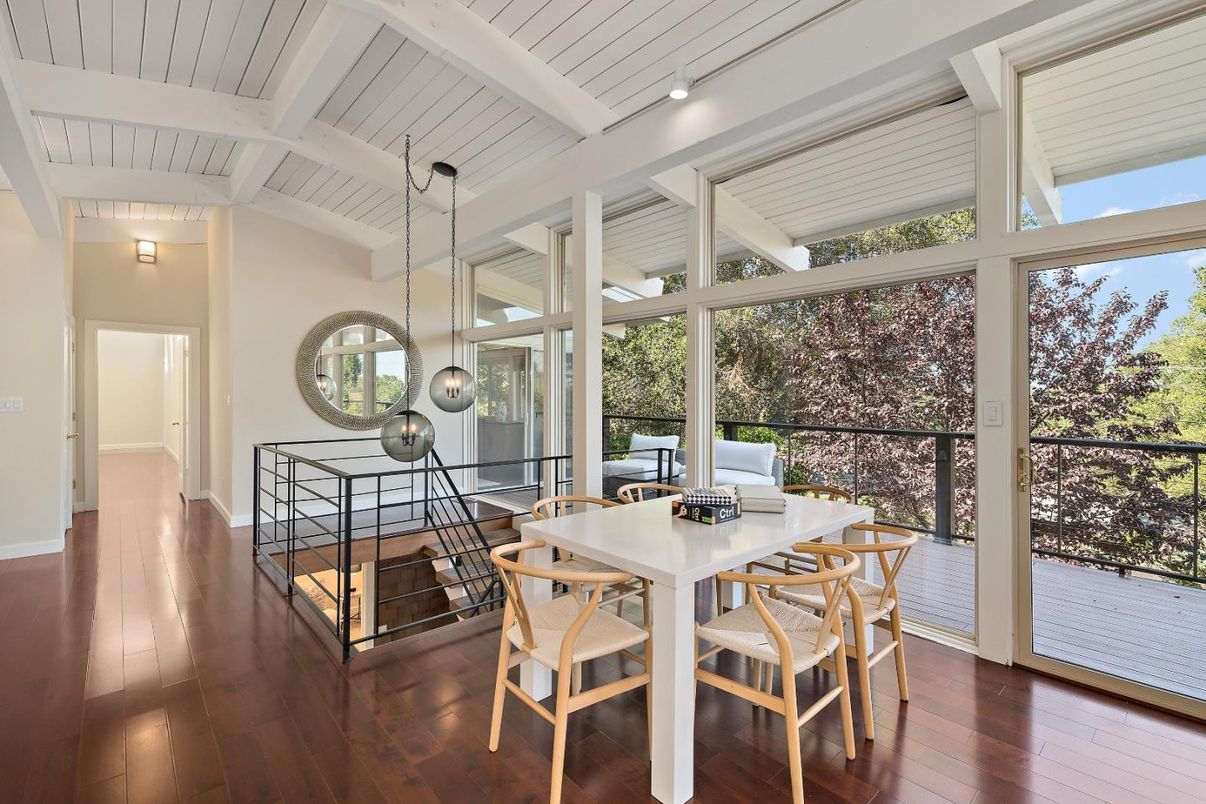 Dining room, Interior, Pendant Lights, Wood Texture Flooring