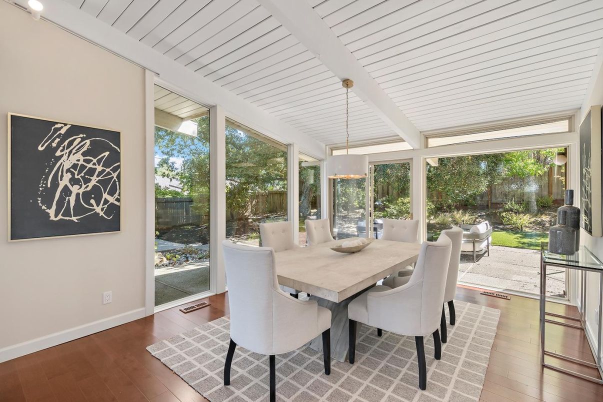 Dining room, Interior, Pendant Lights, Wood Texture Flooring