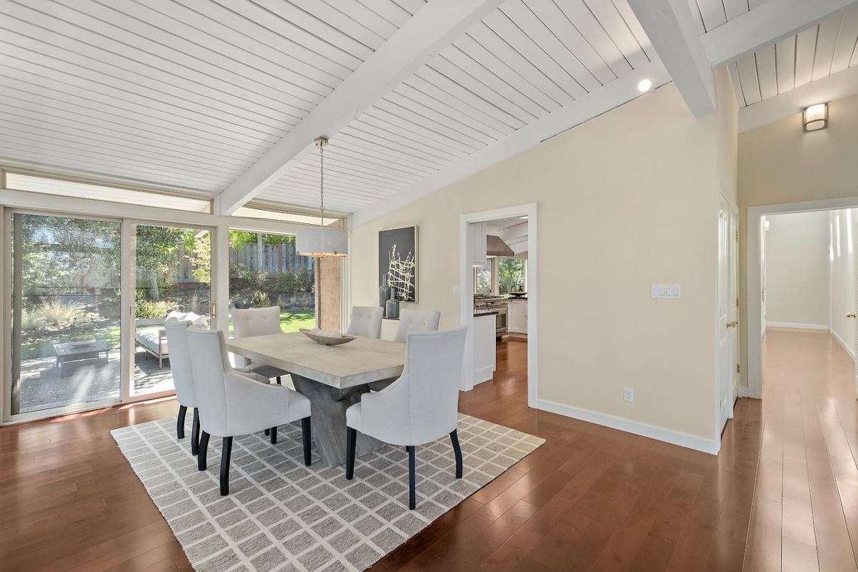 Dining room, Interior, Pendant Lights, Wood Texture Flooring