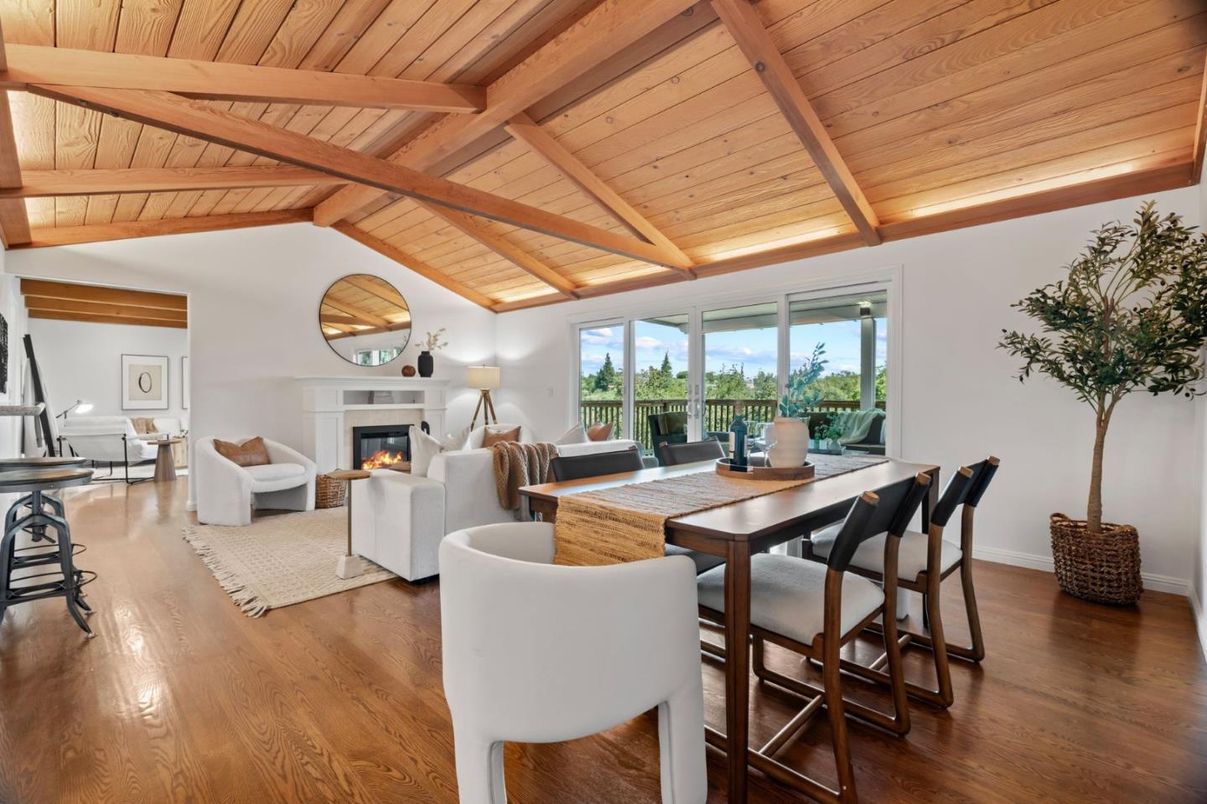 Dining room, Fireplace, Interior, Living room, Wooden Beams, Wooden Ceilings, Wood Texture Flooring
