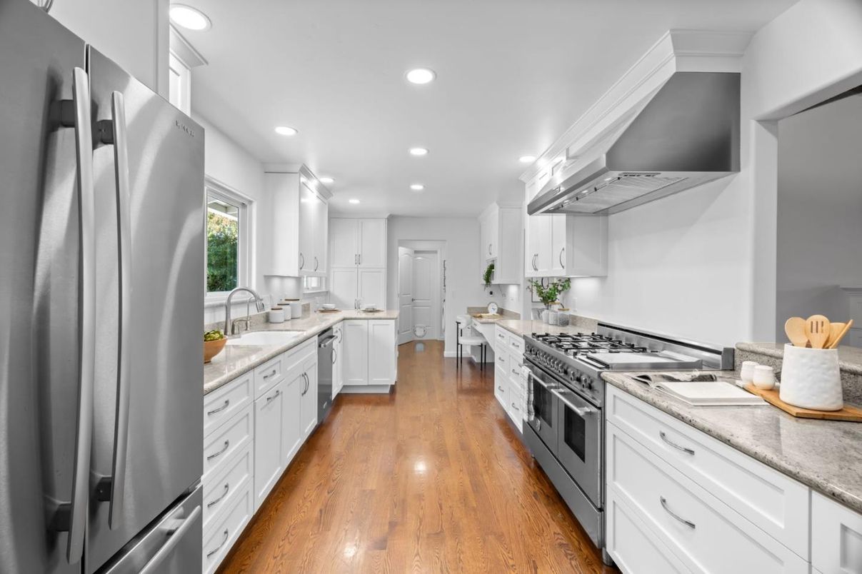 Interior, Kitchen, Recessed Lighting, Stainless Steel Appliances, Wood Texture Flooring