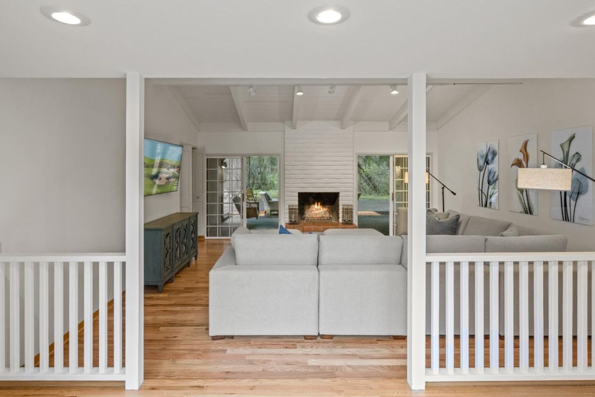 Fireplace, Interior, Living room, Recessed Lighting, Wood Texture Flooring