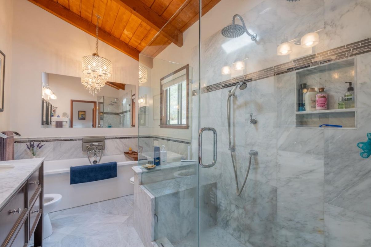 Bathroom, Glass Shower, Interior, Marble, Marble Walls, Pendant Lights, Wooden Beams, Wooden Ceilings