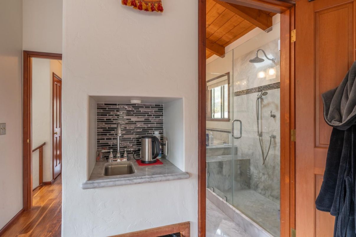 Bathroom, Glass Shower, Interior, Wood Texture Flooring