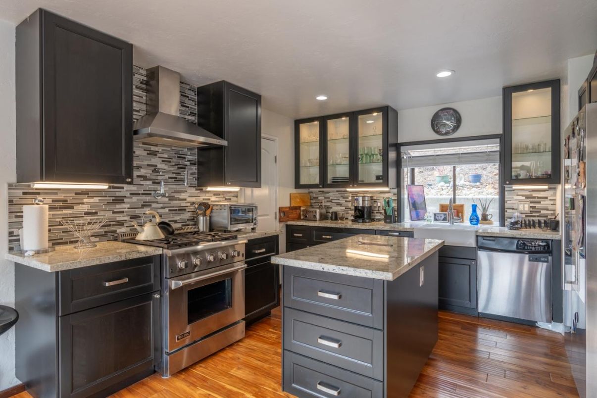 Interior, Kitchen, Recessed Lighting, Stainless Steel Appliances, Wood Texture Flooring