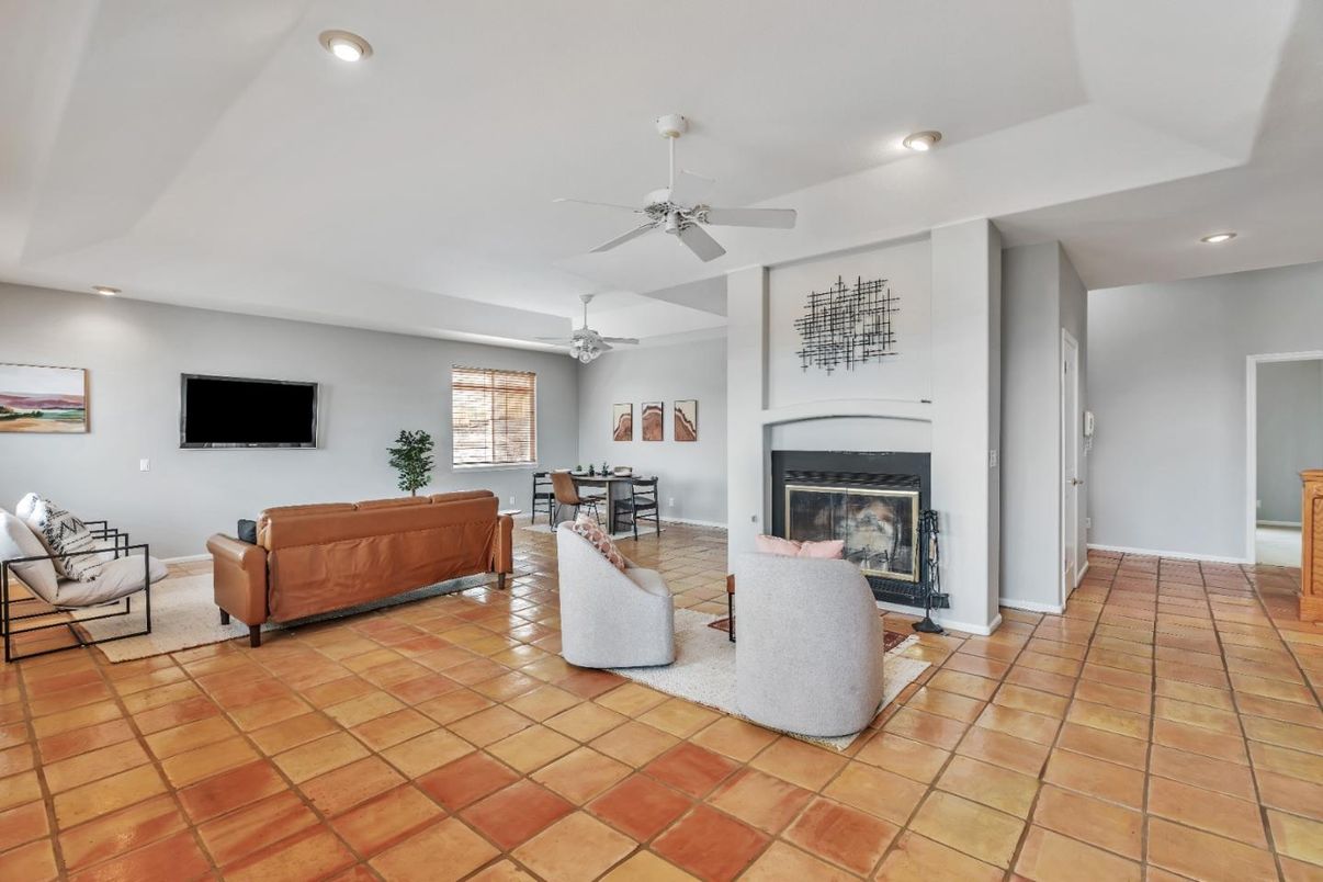 Dining room, Fireplace, Interior, Living room, Recessed Lighting