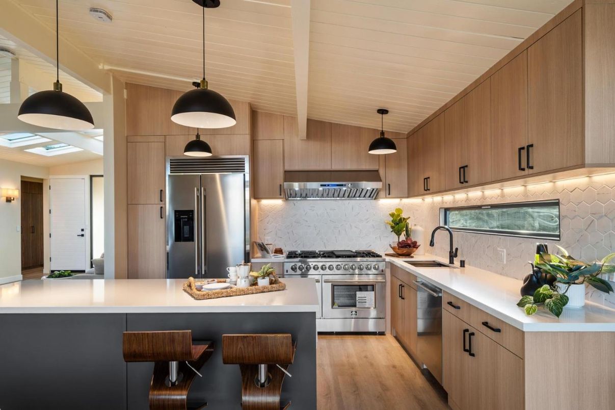 Interior, Kitchen, Pendant Lights, Stainless Steel Appliances, Wood Texture Flooring