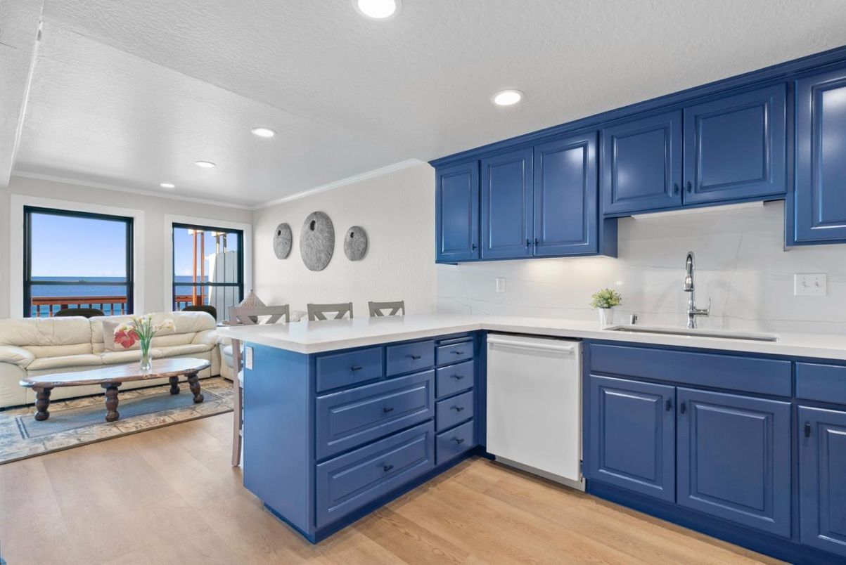 Dining room, Interior, Kitchen, Living room, Recessed Lighting, Water, Wood Texture Flooring