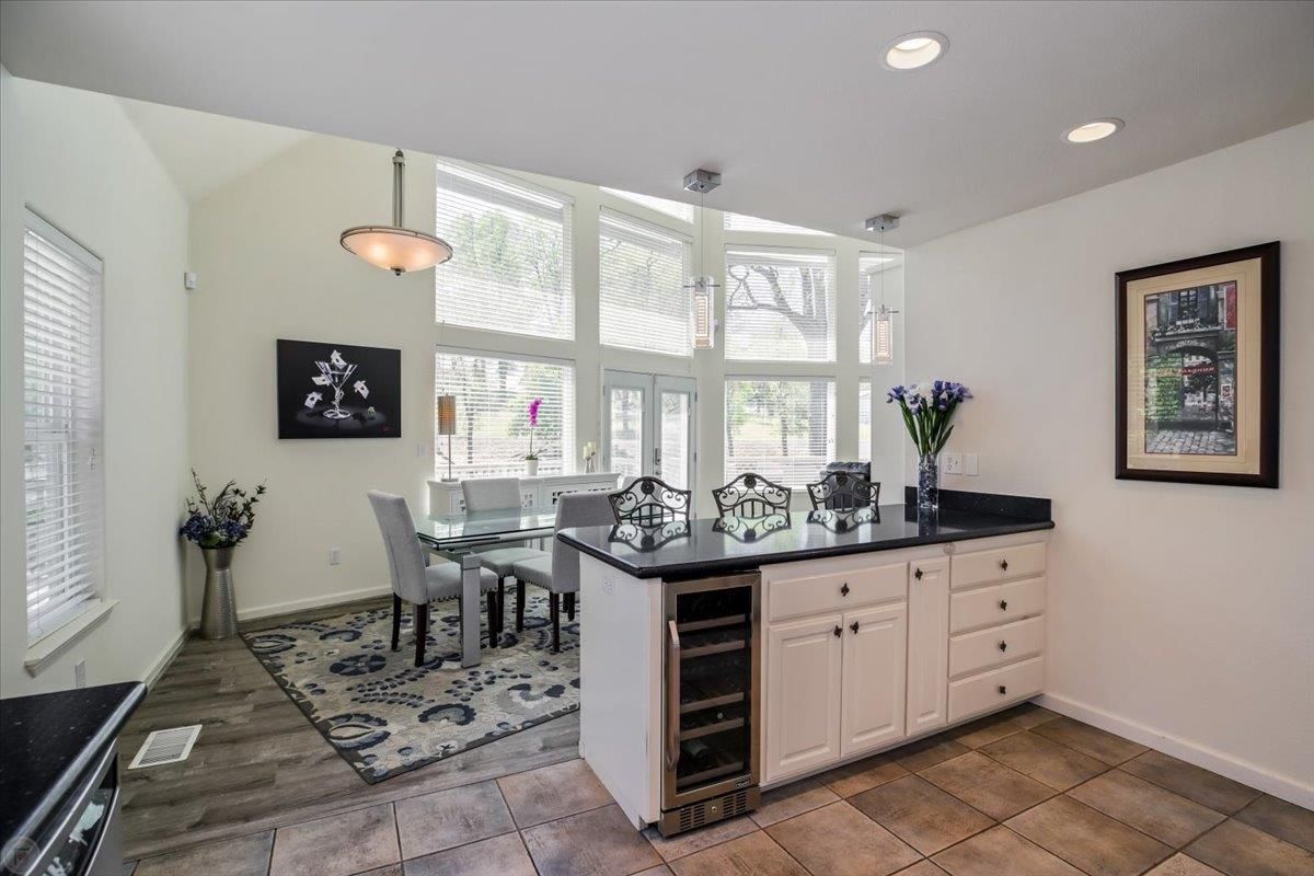Dining room, Interior, Pendant Lights, Recessed Lighting, Wood Texture Flooring