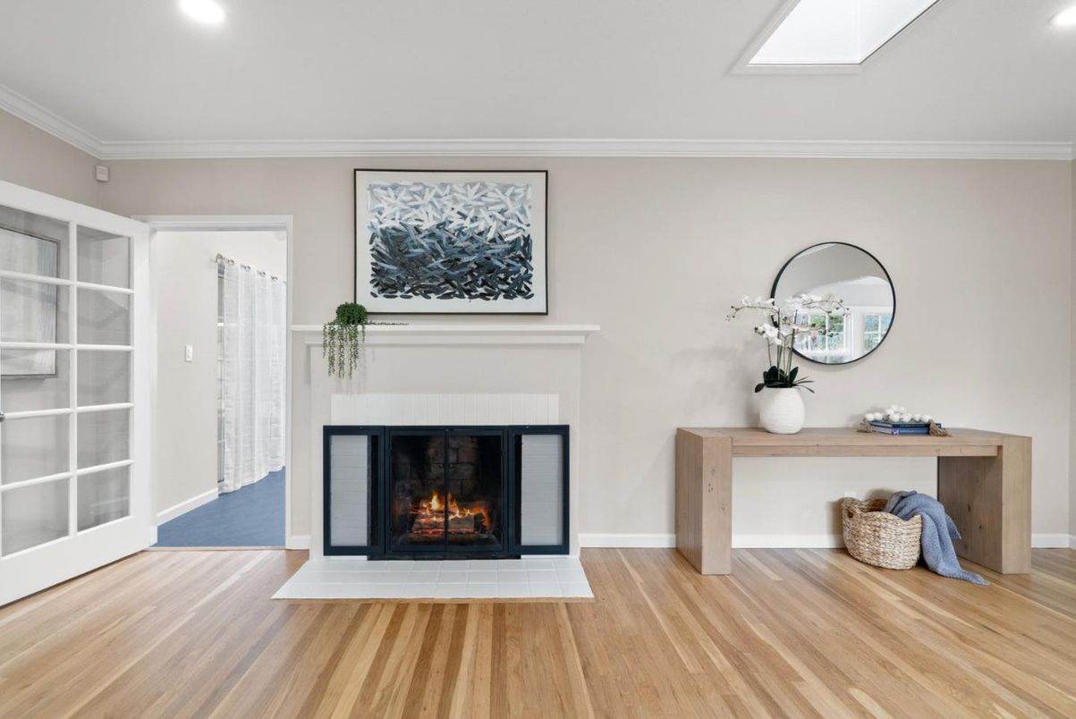 Fireplace, Interior, Recessed Lighting, Wood Texture Flooring