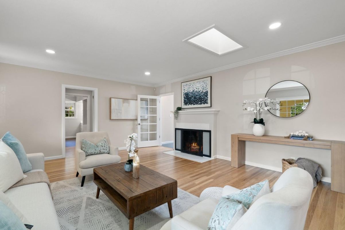 Fireplace, Interior, Living room, Recessed Lighting, Wood Texture Flooring