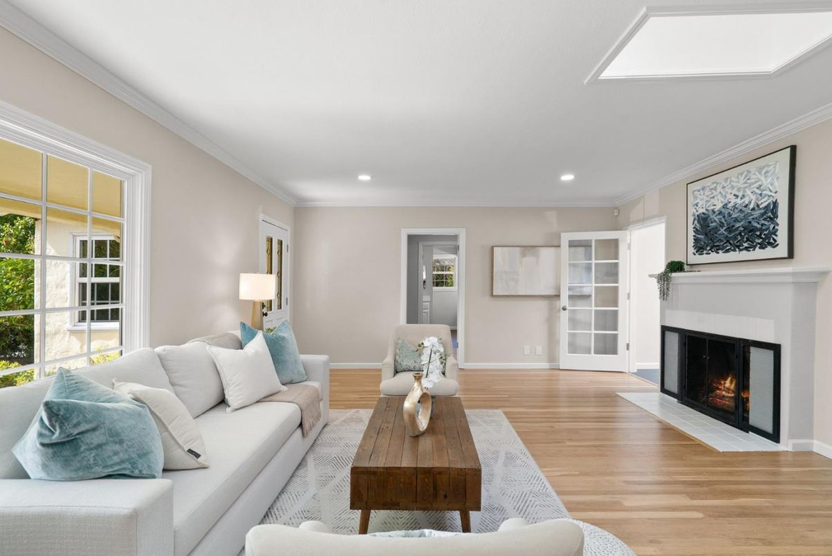 Fireplace, Interior, Living room, Recessed Lighting, Wood Texture Flooring