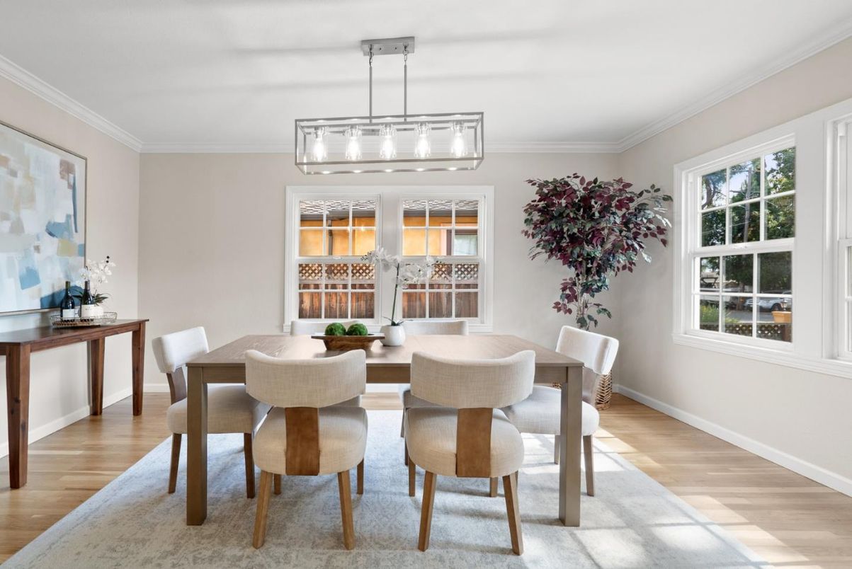 Dining room, Interior, Pendant Lights, Wood Texture Flooring