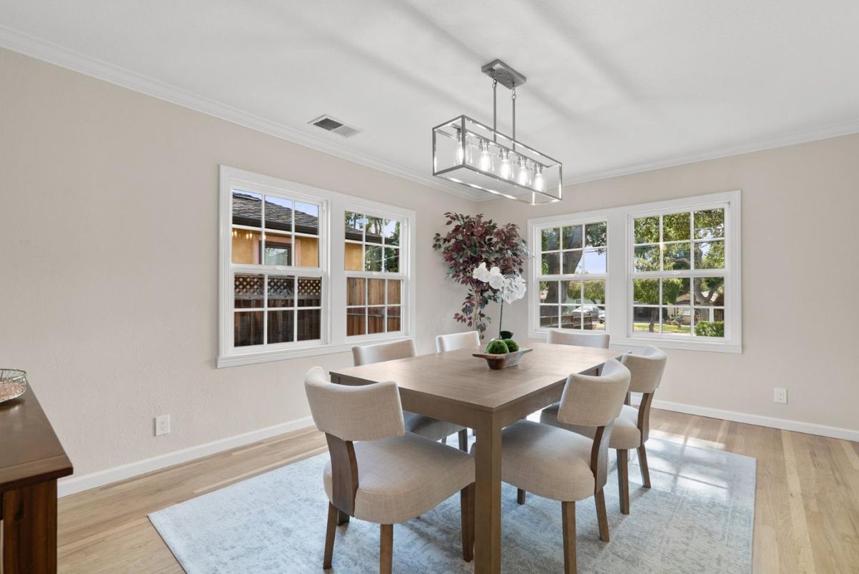 Dining room, Interior, Pendant Lights, Wood Texture Flooring