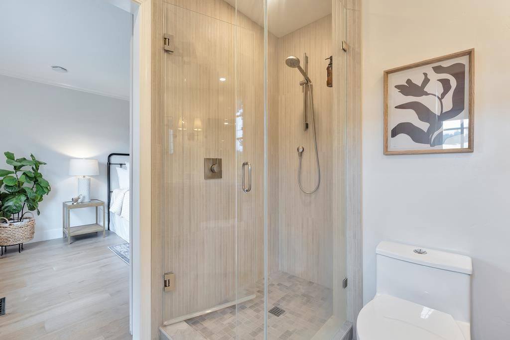 Bathroom, Glass Shower, Interior, Recessed Lighting, Wood Texture Flooring