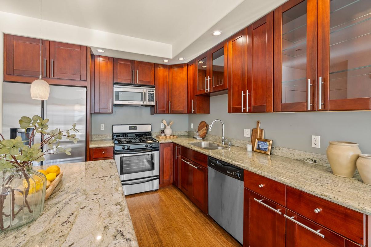 Interior, Kitchen, Recessed Lighting, Stainless Steel Appliances, Wood Texture Flooring