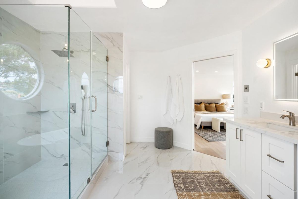 Bathroom, Bedroom, Glass Shower, Interior, Marble, Marble Walls, Recessed Lighting