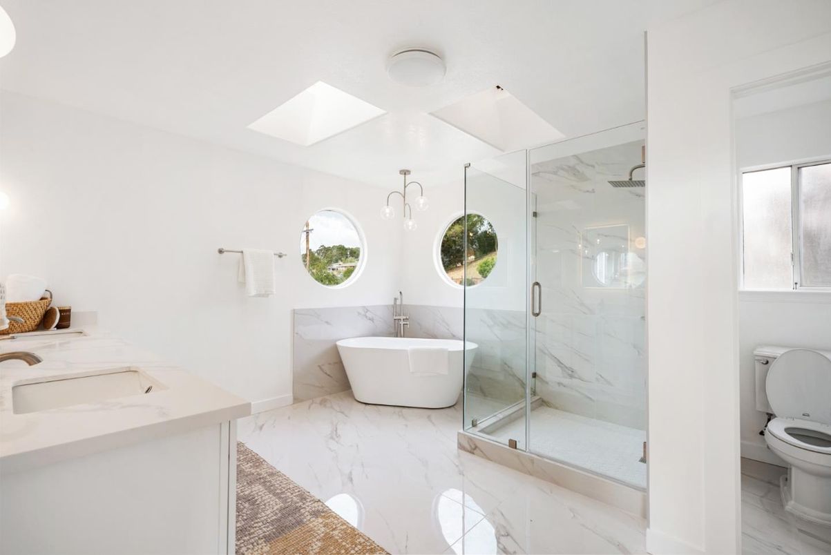 Bathroom, Dual Sink Vanities, Free Standing Baths, Glass Shower, Interior, Marble, Marble Walls