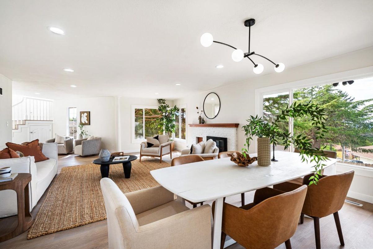 Dining room, Fireplace, Interior, Living room, Pendant Lights, Recessed Lighting, Wood Texture Flooring