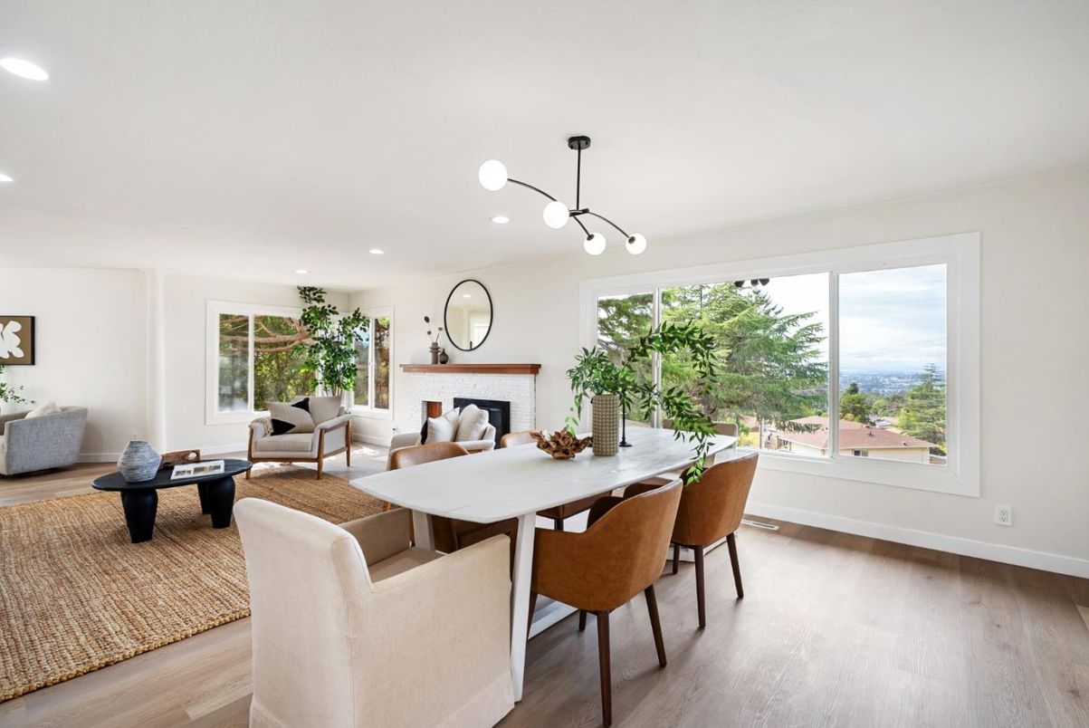 Dining room, Fireplace, Interior, Living room, Pendant Lights, Recessed Lighting, Wood Texture Flooring