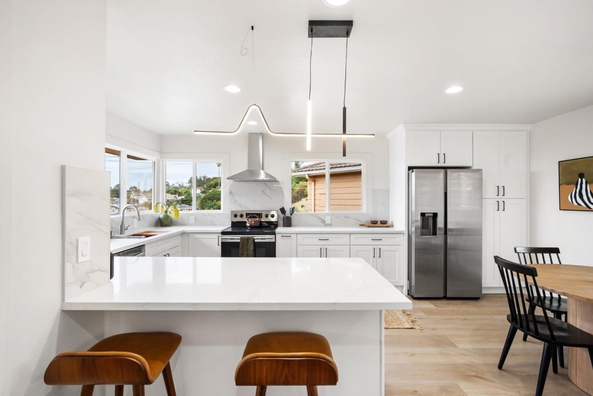 Interior, Kitchen, Pendant Lights, Recessed Lighting, Stainless Steel Appliances, Wood Texture Flooring