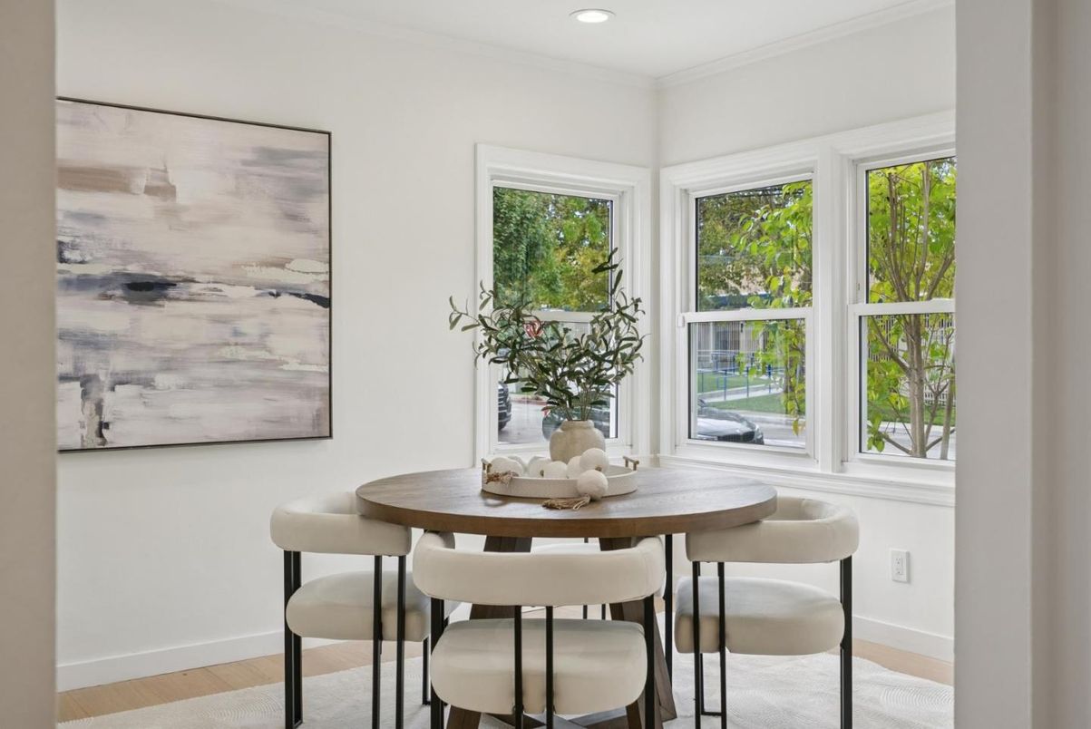 Dining room, Interior, Recessed Lighting, Wood Texture Flooring
