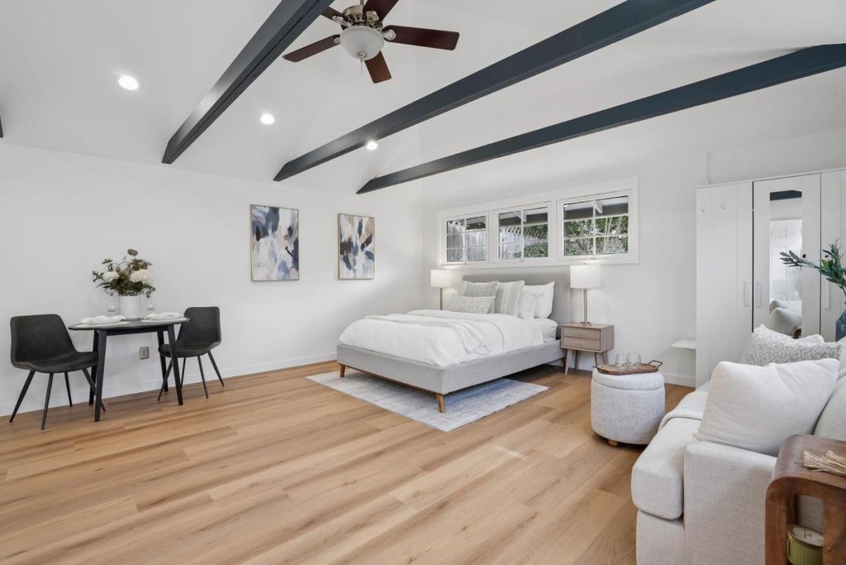 Bedroom, Dining room, Interior, Recessed Lighting, Wooden Beams, Wood Texture Flooring