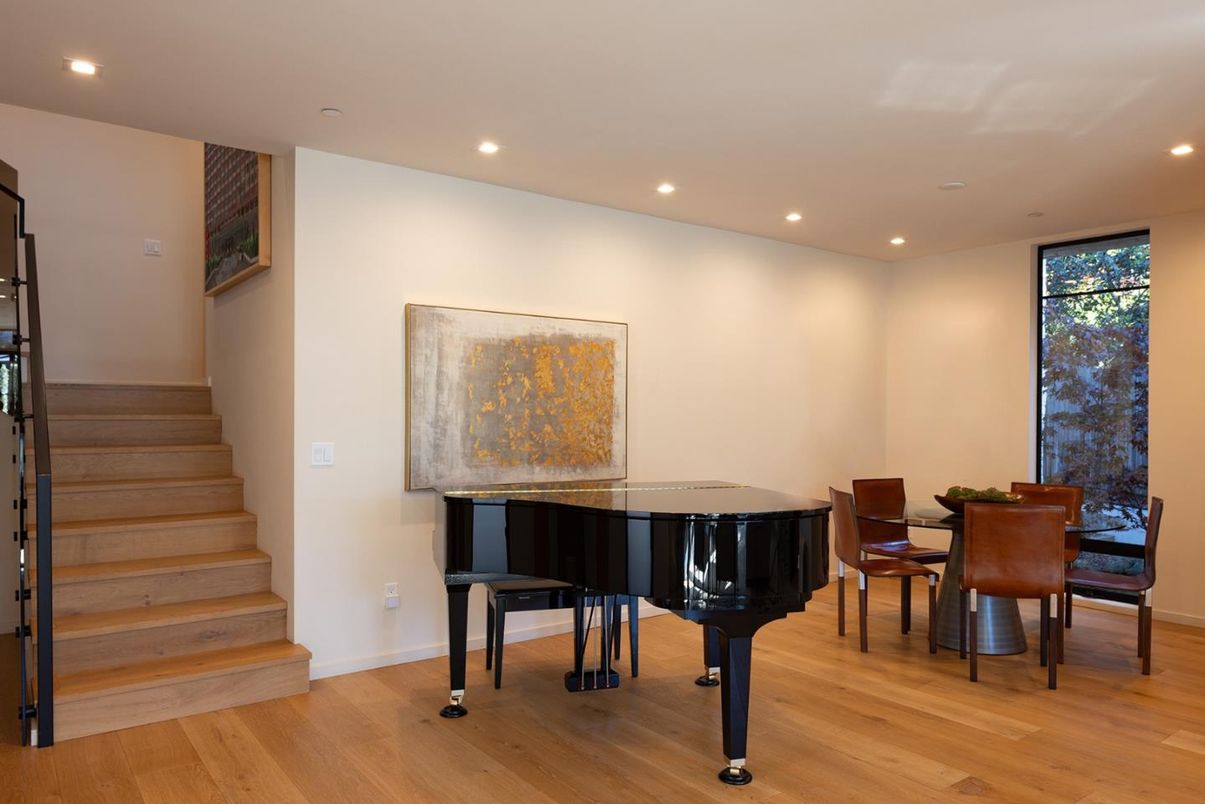 Dining room, Interior, Piano, Recessed Lighting, Wood Texture Flooring