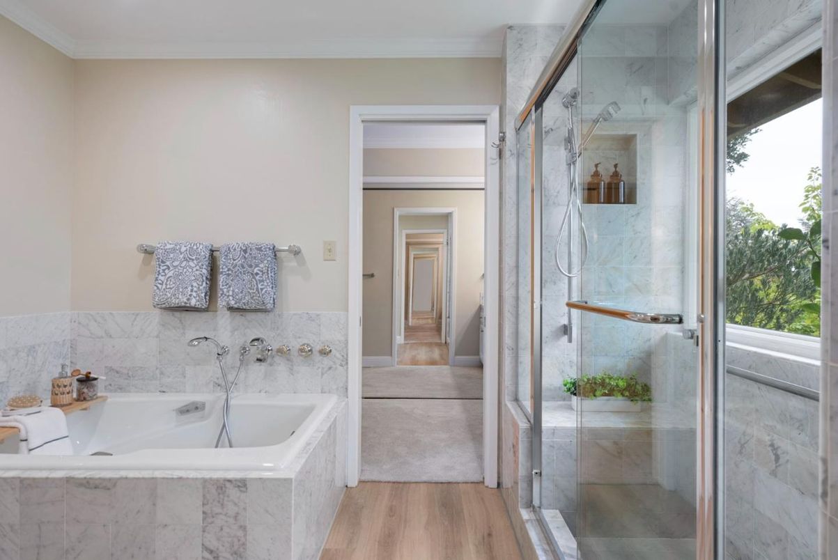 Bathroom, Glass Shower, Interior, Marble Walls, Wood Texture Flooring
