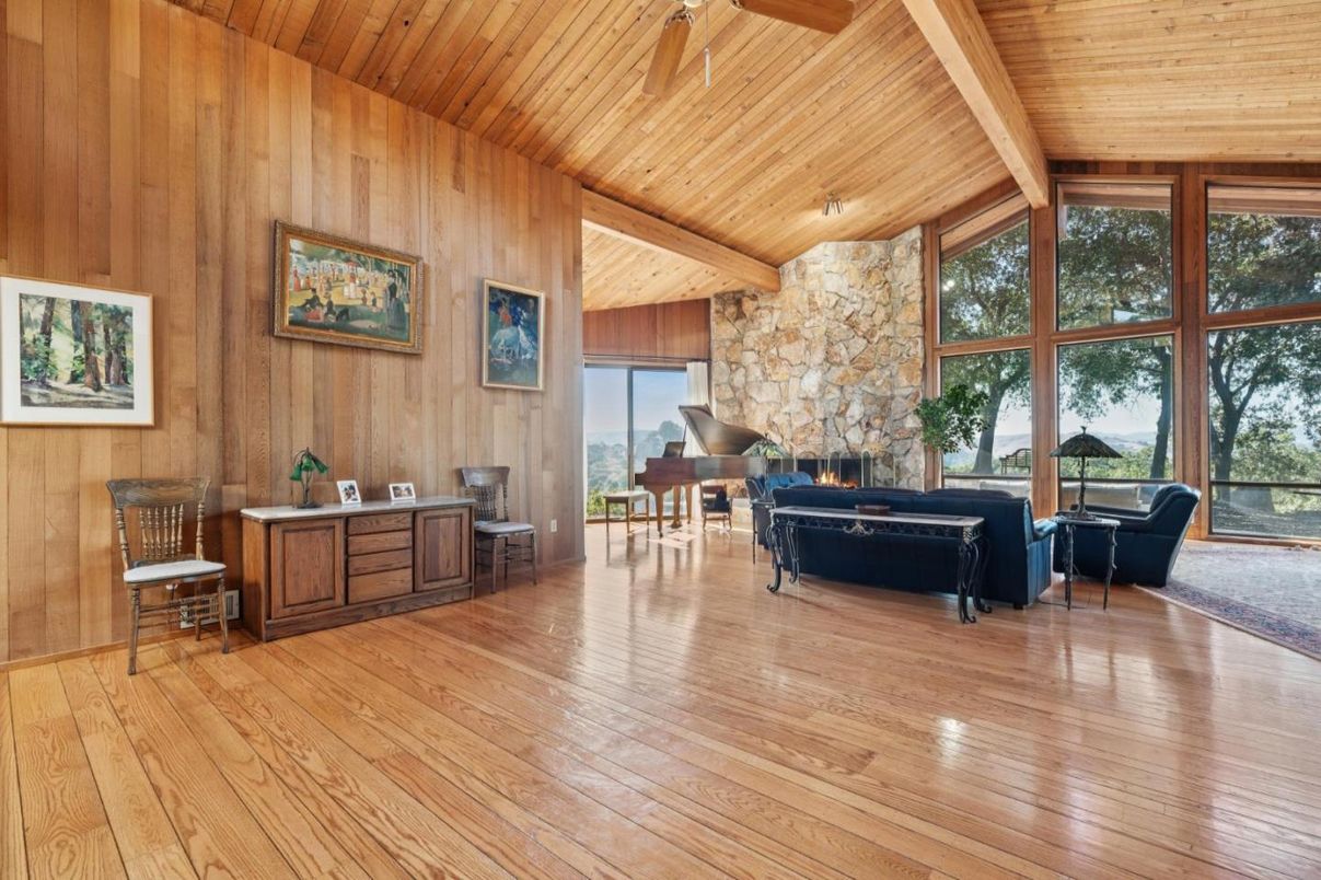 Fireplace, Interior, Living room, Piano, Stone Walls, Wooden Beams, Wooden Ceilings, Wood Texture Flooring, Wooden Walls