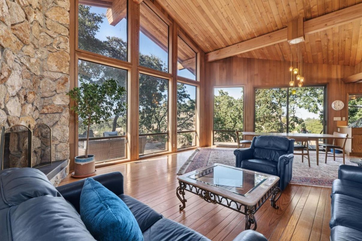 Dining room, Fireplace, Interior, Living room, Pendant Lights, Stone Walls, Sun Room, Wooden Beams, Wooden Ceilings, Wood Texture Flooring